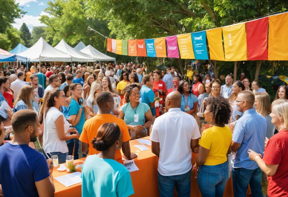 An expansive community gathering scene depicting diverse individuals engaging in lively discussions at a vibrant outdoor event, surrounded by colorful banners showcasing various associations. Include elements like networking booths, informational pamphlets, and smiling faces to convey a spirit of collaboration and connection. Emphasize a backdrop of greenery to symbolize growth and opportunities. bright colors. super-realistic. vibrant atmosphere.