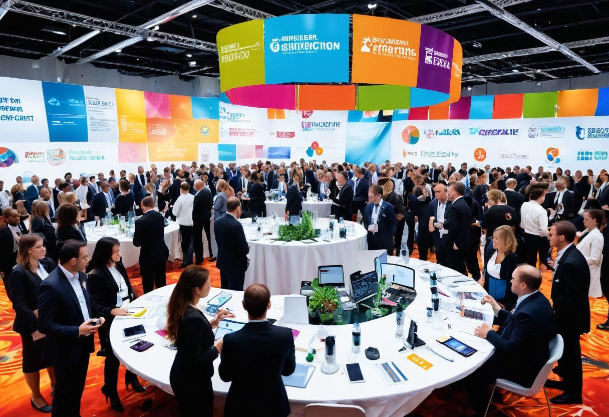 An engaging scene showcasing diverse professionals networking at a vibrant association event, with colorful banners representing various industry resources in the background. Include elements like a large round table with interactive discussions, and digital screens displaying networking tips and member benefits. The atmosphere should be energetic and collaborative, illustrating connection and growth. super-realistic. vibrant colors. white background.