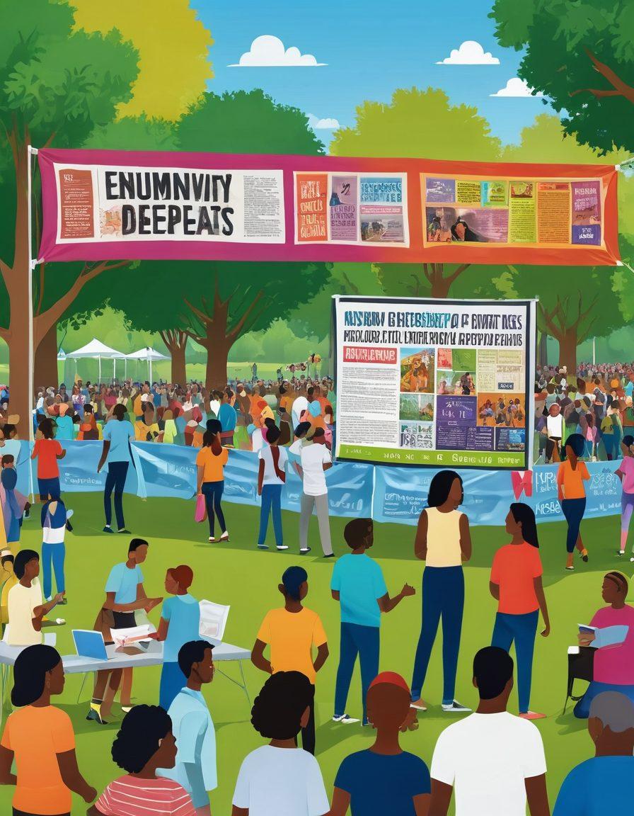A diverse group of people actively engaging in a community event in a vibrant park setting, with colorful banners showcasing news headlines and upcoming activities. Include a digital screen displaying live news updates in the background. Capture a sense of unity and participation with smiling faces and varied cultural representations. colorful illustration. lively style. bright colors.